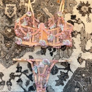 Floral Lace Bralette and Thong Set - Pink and Cream